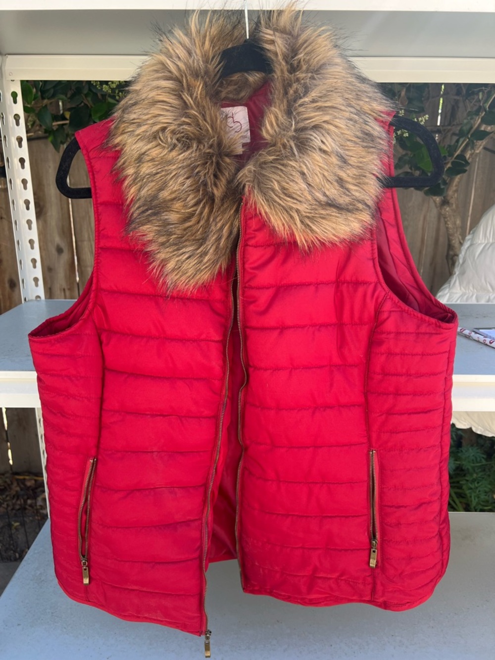 Dress Barn Red Quilted Vest with Faux Fur Collar